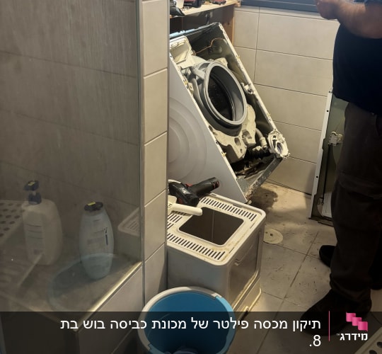 אדם מתקן מכונת כביסה בחדר אמבטיה